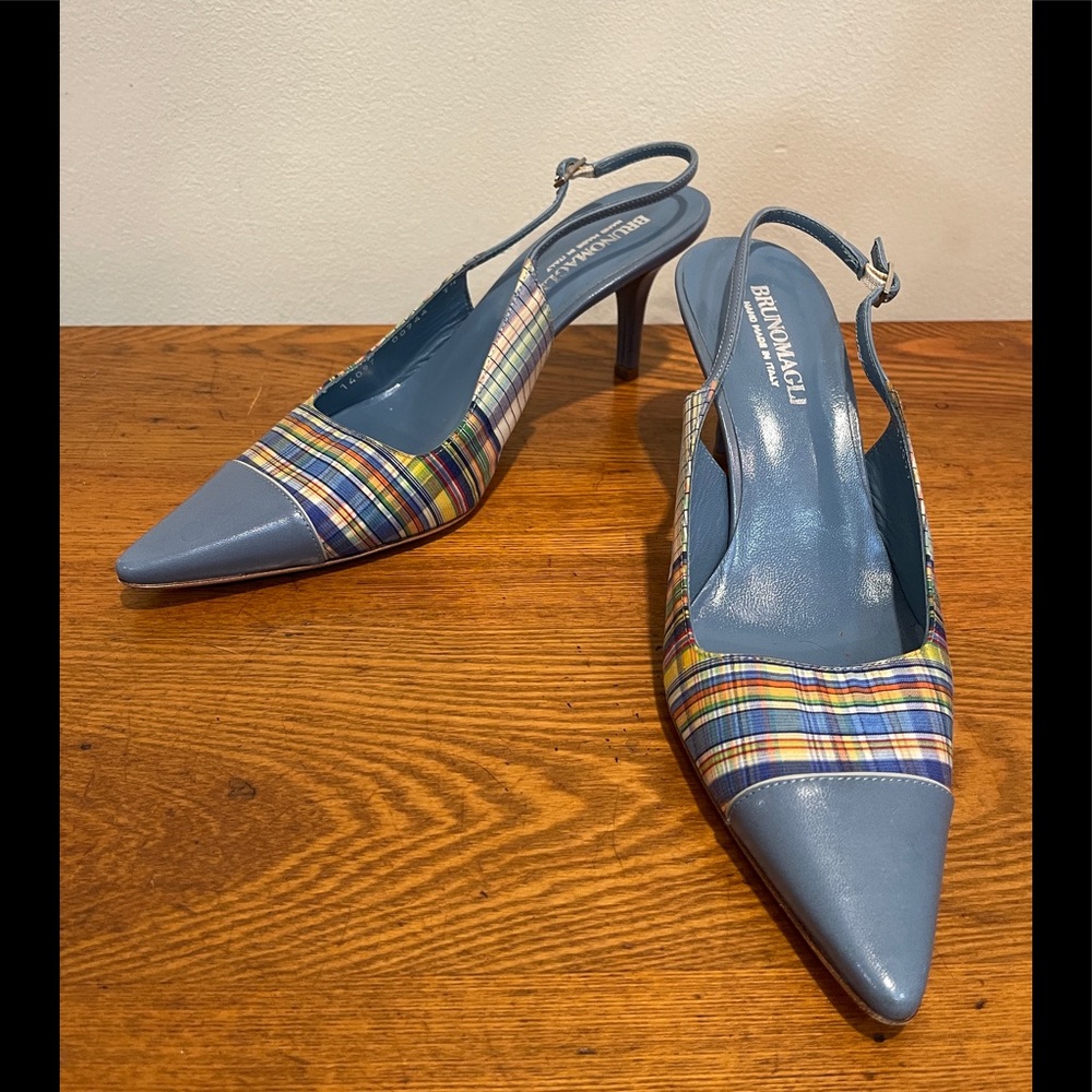 Bruno Magli Blue Leather and Plaid Cloth Slingbacks